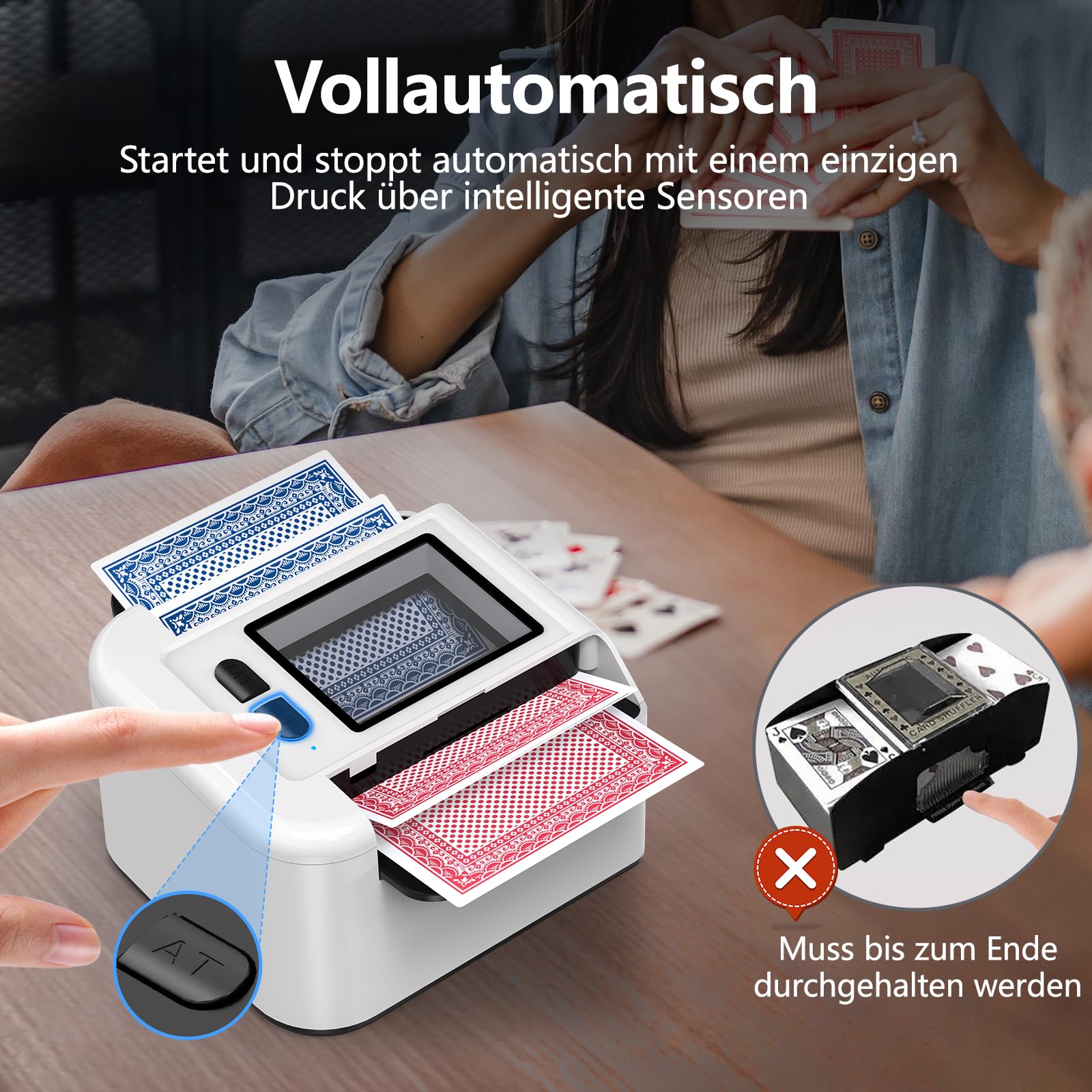 ShinePick Kartenmischmaschine Elektrische für 1-2 Decks, One-Press Auto & Manueller Wiederaufladbarer 2000mAh Geräuscharm Kartenmischgerät für UNO, Skip BO, Poker, Blackjack (Weiß) 4