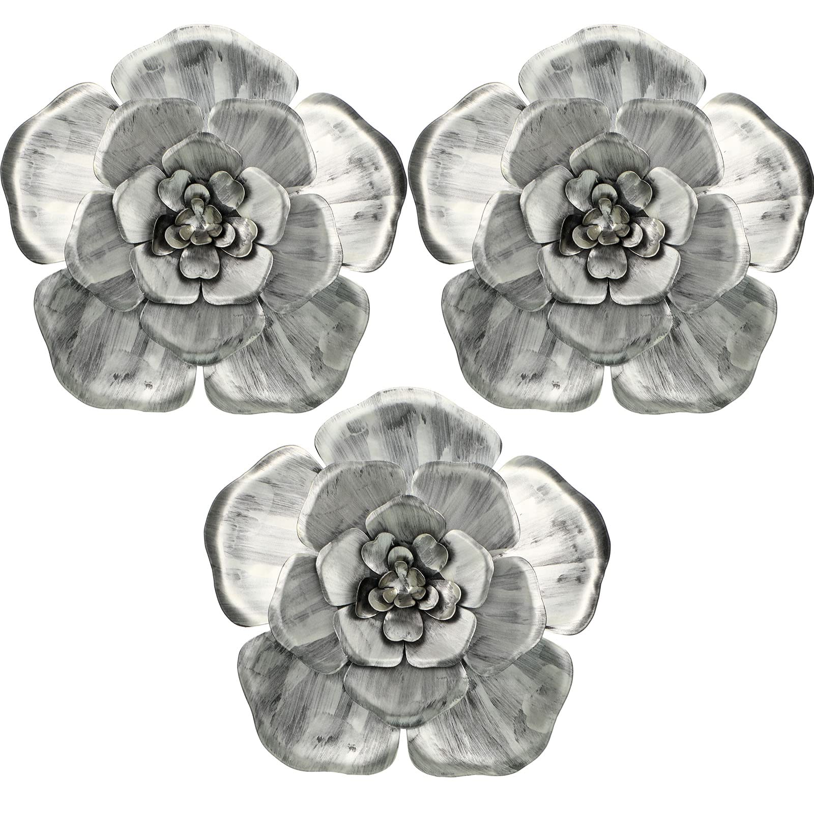 Chuangdi 3 Pieces Large Wall Metal Flowers Multiple Layer Home Decoration for Indoor Outdoor Home Garden Office Living Room Garden Porch Patio (Silver,8 Inch)