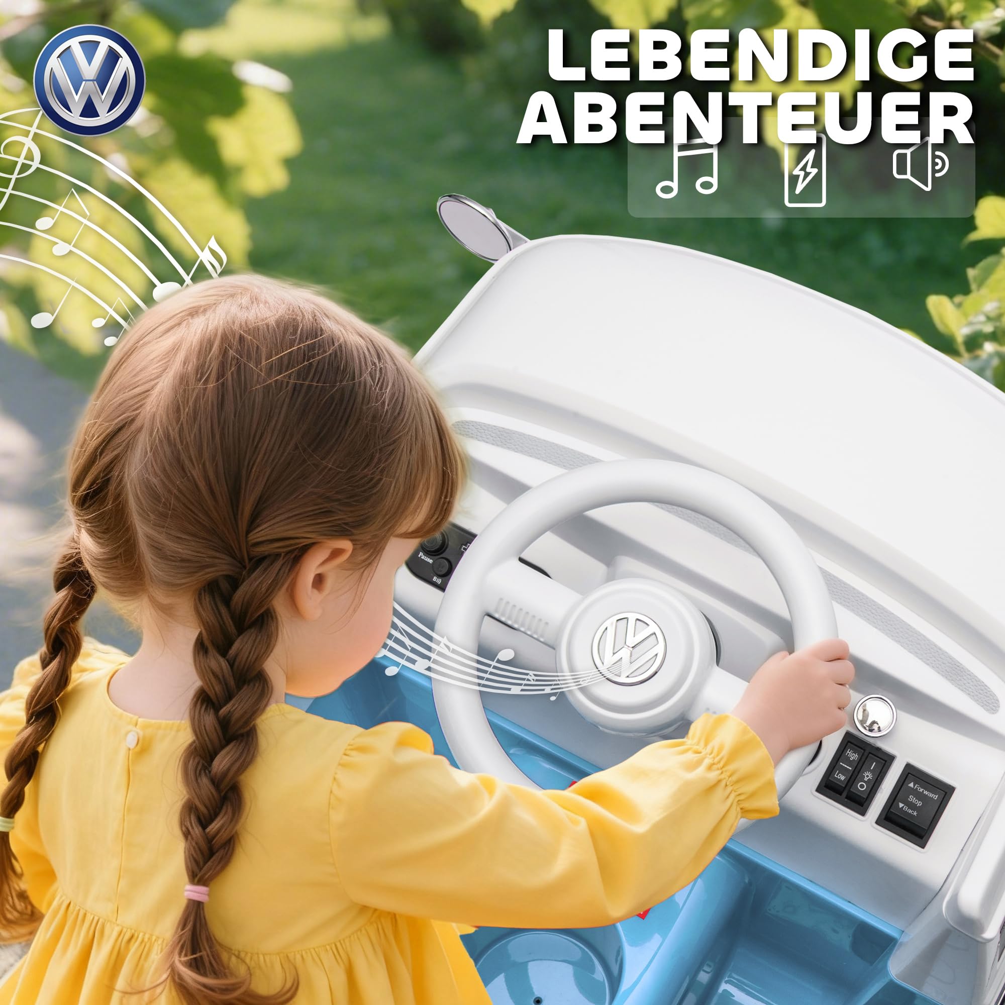 AIYAPLAY Kinder Elektroauto, 12V Volkswagen Kinderfahrzeug mit MP3, Doppelmotor, Elektrofahrzeug mit Hupe, LED-Lichtern, Sanftanlauf, 3-8 km/h, für 3-7 Jahre Kinder, Blau 6