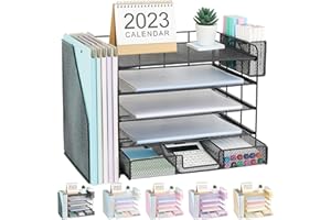 Gugsey Desk Organizer with File Holder, 5-tier Paper Letter Tray File Organizer with Drawer and Pen Holder, Mesh Desktop Office Organization and Storage for School Home Office Supplies(Black)