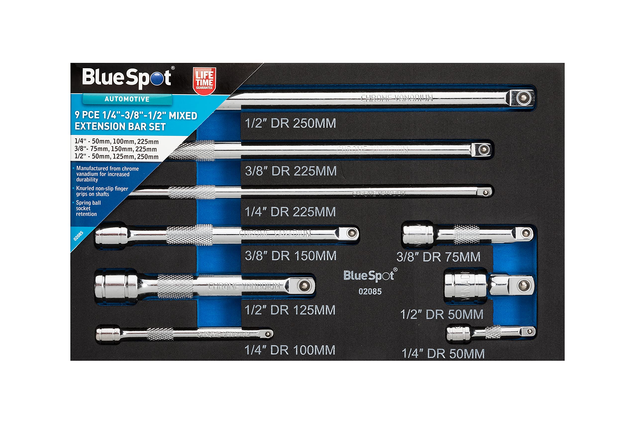 Blue Spot Tools 02085 9 Piece 1/4"-3/8"-1/2" Mixed Extension Bar Set (EVA Foam)
