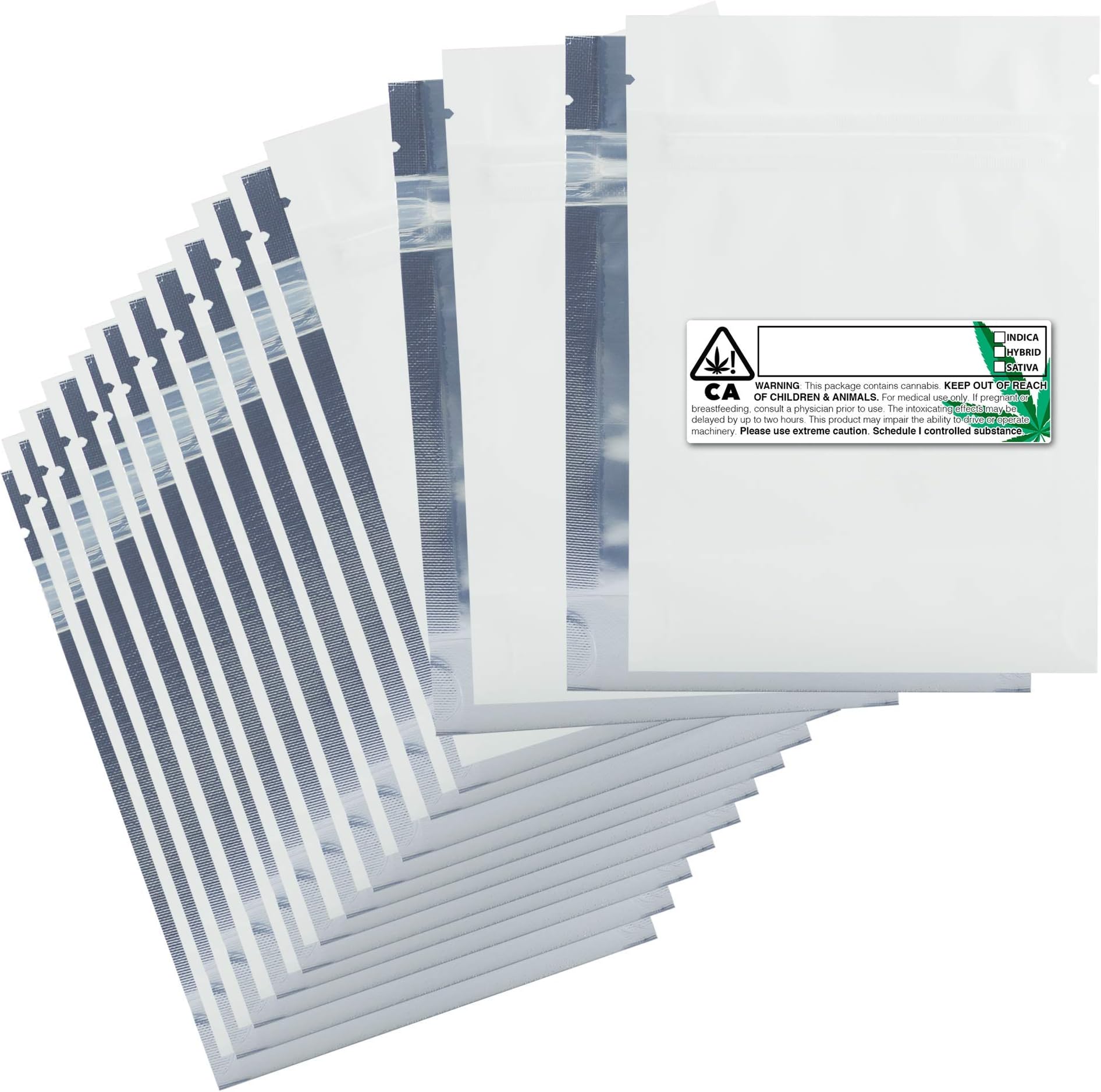 100 - Matte White & Clear Mylar Smell Proof Bags w/Rx Labels (California Labels, 1/8 Ounce)