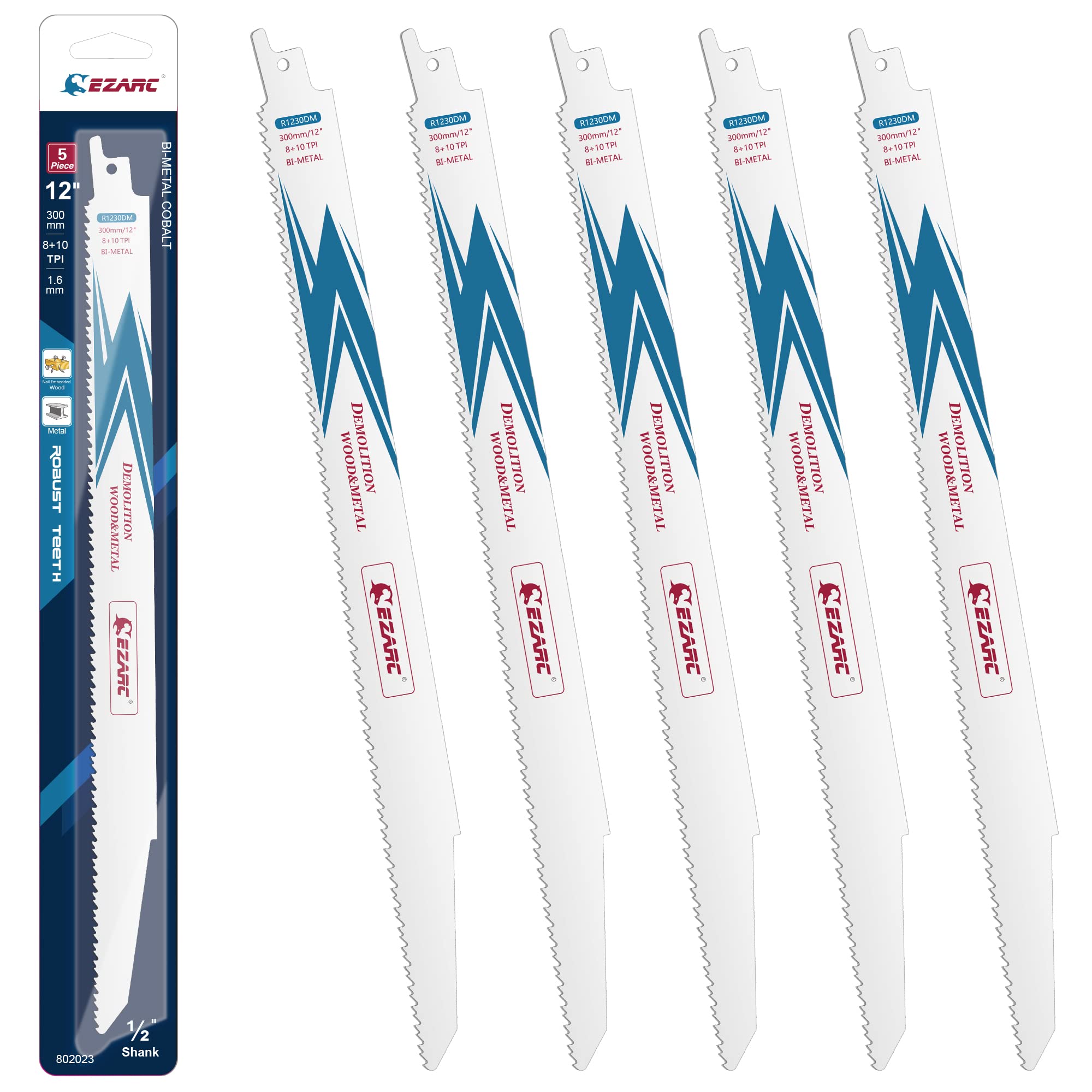 EZARC Reciprocating Saw Blade Bi-Metal Cobalt Sabre Saw Blades for Wood and Metal Demolition 300mm 8+10TPI R1230DM (5-Pack)