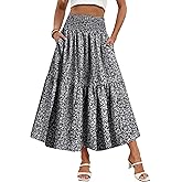 IWD Summer Long Skirts for Women Casual Smocked Elastic Waist Floral Maxi Skirt Flowy Swing A-Line Boho Skirt