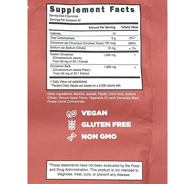 OMELA NATURALS SUGAR-FREE CEYLON CINNAMON COMPLEX GUMMIES APPLE CINNAMON FLAVOR | IMMUNE SUPPORT & ANTIOXIDANT SUPPLEMENTS | 2000MG CINNAMON COMPLEX WITH CHROMIUM | VEGAN, NON-GMO, GLUTEN-FREE| 60CT