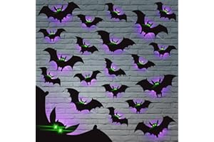 SEWRUNG 24 Pcs Halloween 3D Bats Decorations Wall Stickers with Glow in Dark Eye, 4 Different Size Removable PVC Wall Sticker for Indoor Home Window Decor Party Supplies