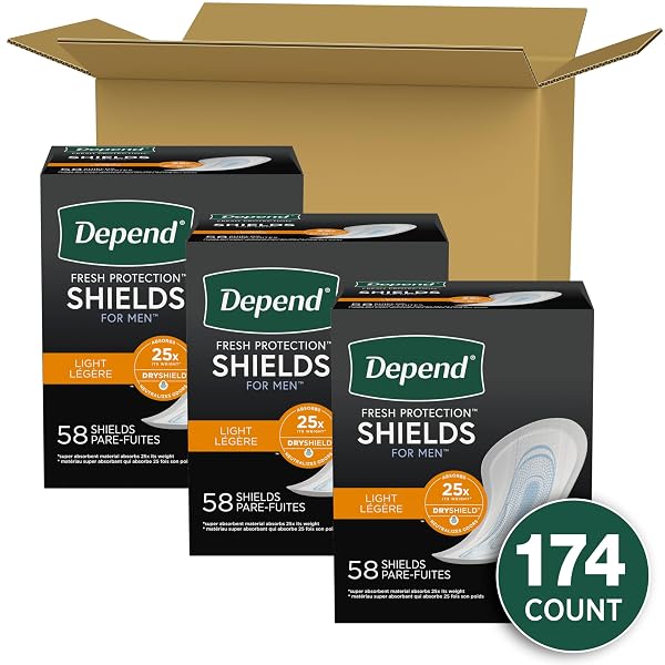 DEPEND INCONTINENCE/BLADDER CONTROL SHIELDS, PADS FOR MEN, LIGHT ABSORBENCY, 174 COUNT (3 PACKS OF 58) (PACKAGING MAY VARY)