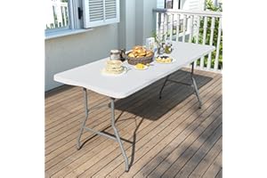 IWDOO Foldable Table 6ft, Plastic Folding Table, Portable Heavy Duty Dining Table with Lock Function & Carrying Handle, Outdoor Indoor Foldable White Table for Camping Party Picnic