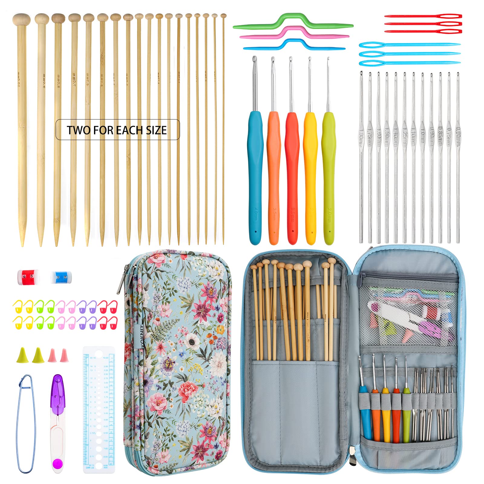 KOKNIT 36 PCS Straight Single Pointed Bamboo Knitting Needles Set,5 Crochet Hooks with Ergonomic Soft Grip,12 PCS Smooth Lace Crochet Hooks,Knitting Supplies Crochet Tools and Accessories