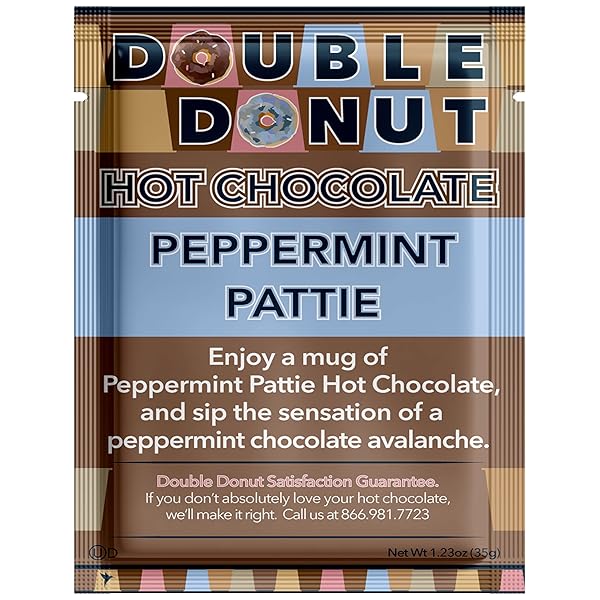 DOUBLE DONUT PEPPERMINT HOT CHOCOLATE, PEPPERMINT PATTIE FLAVORED HOT CHOCOLATE PACKETS, HOT PEPPERMINT COCOA MIX, 18 COUNT