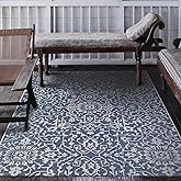 Couristan Palmette Indoor Outdoor Rug – 7'6" x 10'9" Navy Ivory Floral Flatweave Area Rug, UV-Stabilized Polypropylene – Fres