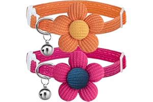 Cat Collar, HANSHILAI Kitten Collar with Bells, Cat Collar Breakaway, Cute Cat Collar for Girl Boy with Flower,Collar para Gatos (2 Pack) (Orange & Rose Red)