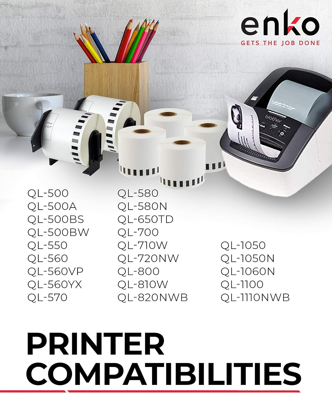 enKo - Compatible DK-2205 Continuous Paper Labels (2.4 Inch x 100 Feet) Compatible for Brother QL Label Printers - 6 Rolls + 2 Refillable Cartridges : Office Products