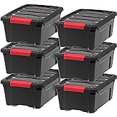 IRIS USA 6-Pack 13 Quart Storage Bins with Lids, Black | Black finish conceals stored items. Ideal for shoes, photos, documents, and small essentials. Nestable design saves space