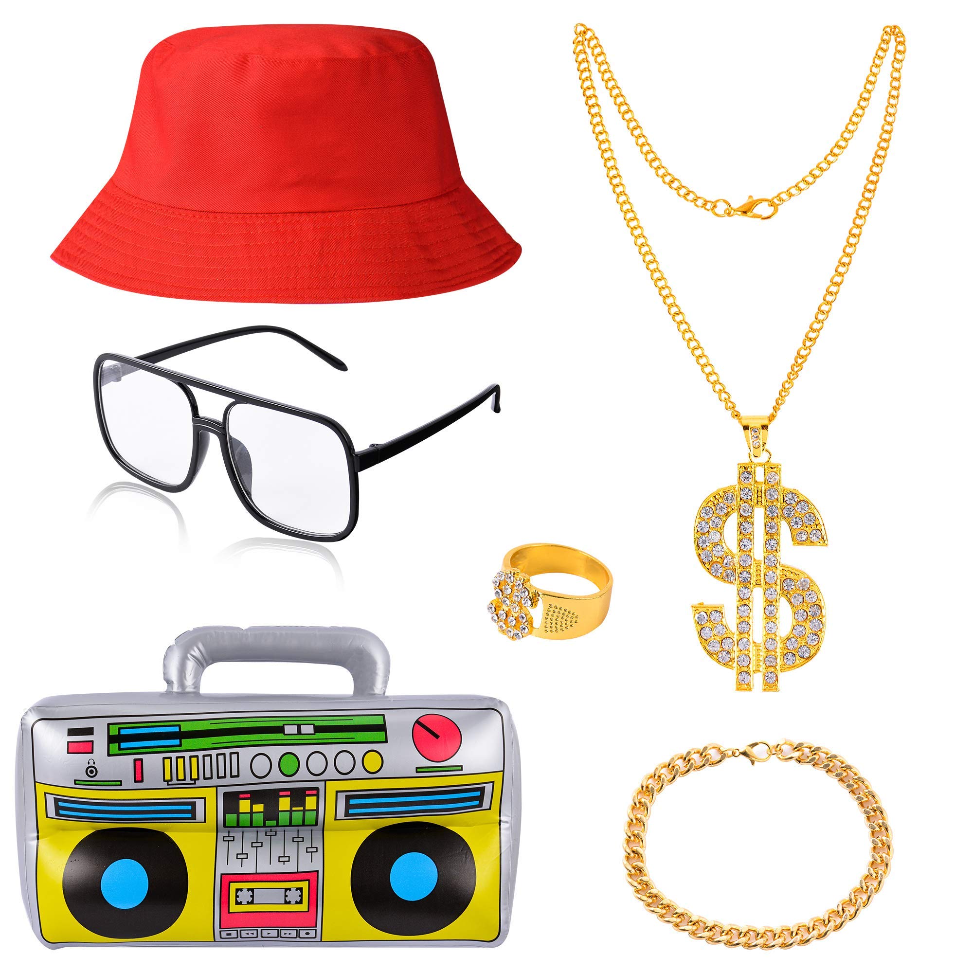 Photo 1 of YAROMO 6 Pcs Hip Hop Costume Kit, 80s 90s Party Decorations Includes Inflatable Boom Box Bucket Hat Gold Chain Ring 80s/90s Rapper Accessories (Red)