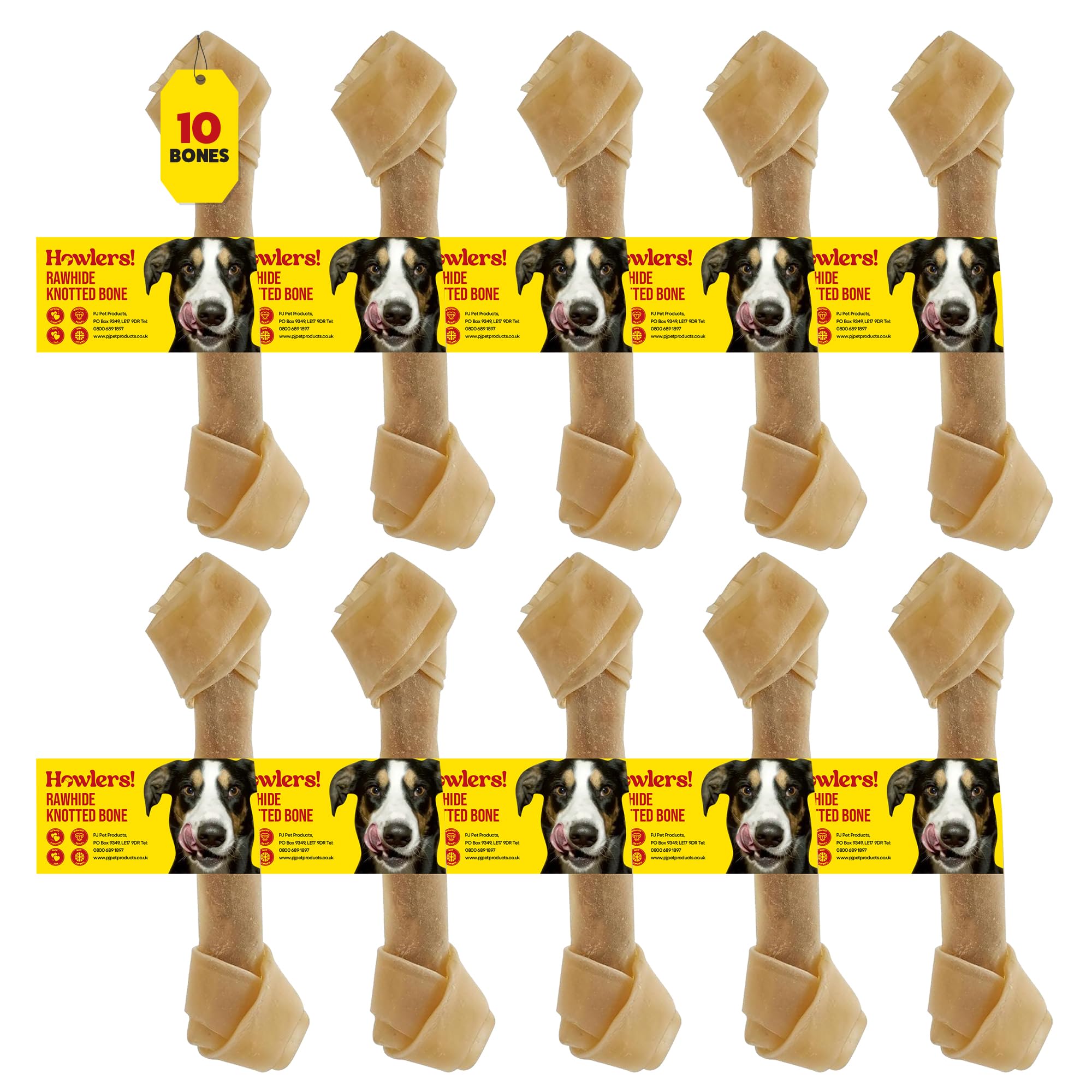 HOWLERS 8" Rawhide Dog Chew Treat Knotted Bones - Pack of 10