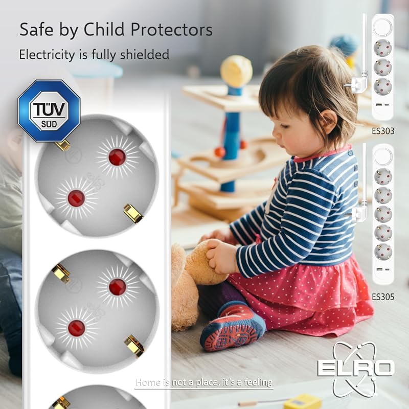 ES305 - Regleta de 5 enchufes con Cable de 1,5 m e Interruptor, 5 enchufes + USB + USB-C, protección para niños, Enchufe Schuko, máx. 3680 W, Certificado TÜV — foto 2 de 7