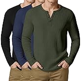 Arssm 3 Pack Mens Waffle Henley Shirts Long Sleeve Cotton Casual T-Shirts Lightweight Thermal Undershirts