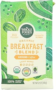 Whole Foods Market, Organic Breakfast Blend Ground Coffee, Light Roast, Milk Chocolate, Caramel & Citrus, 12 Ounce