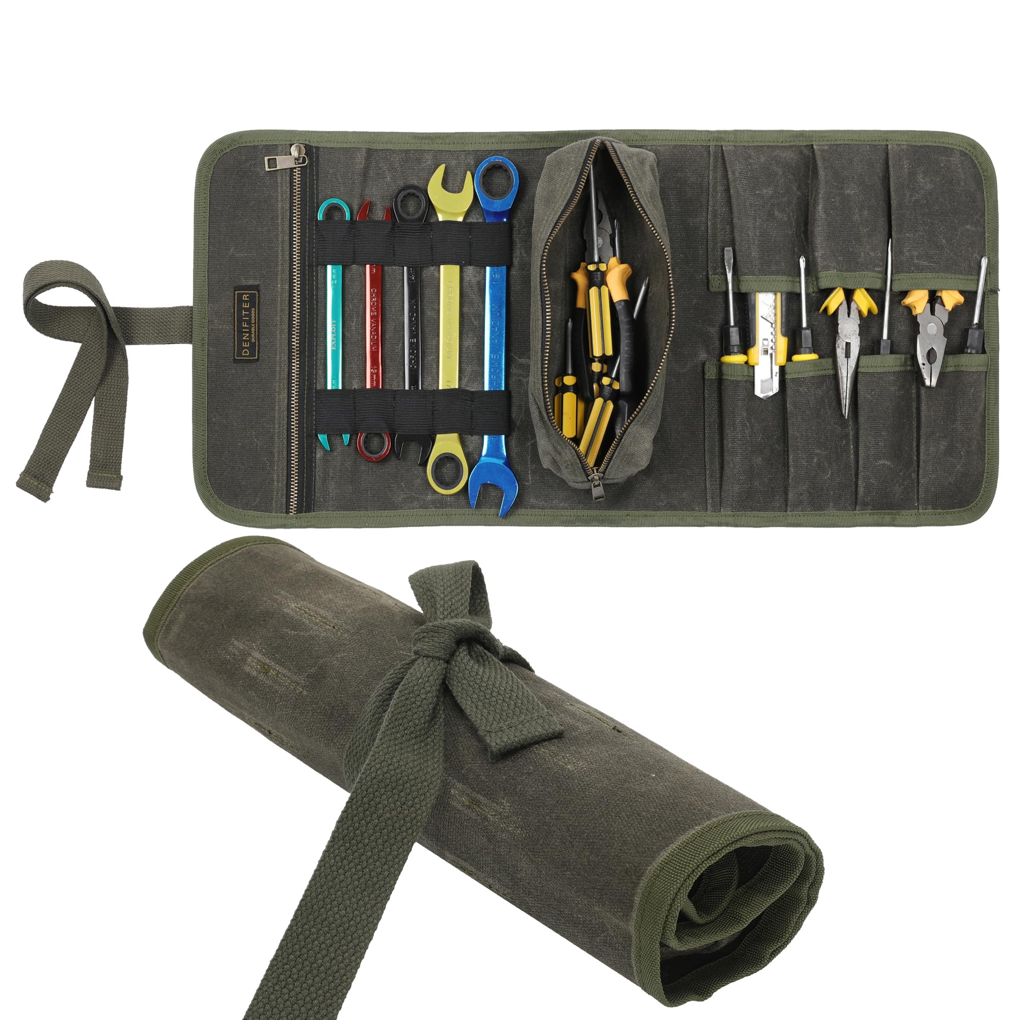Waxed Canvas Multi-Purpose Waterpoof Tool Organizer Bags, Portable Carry On Pouch with 1 Small Detachable Tool pouch and 1 Zipper Pockets, 24.5" X 10.5"|ArmyGreen