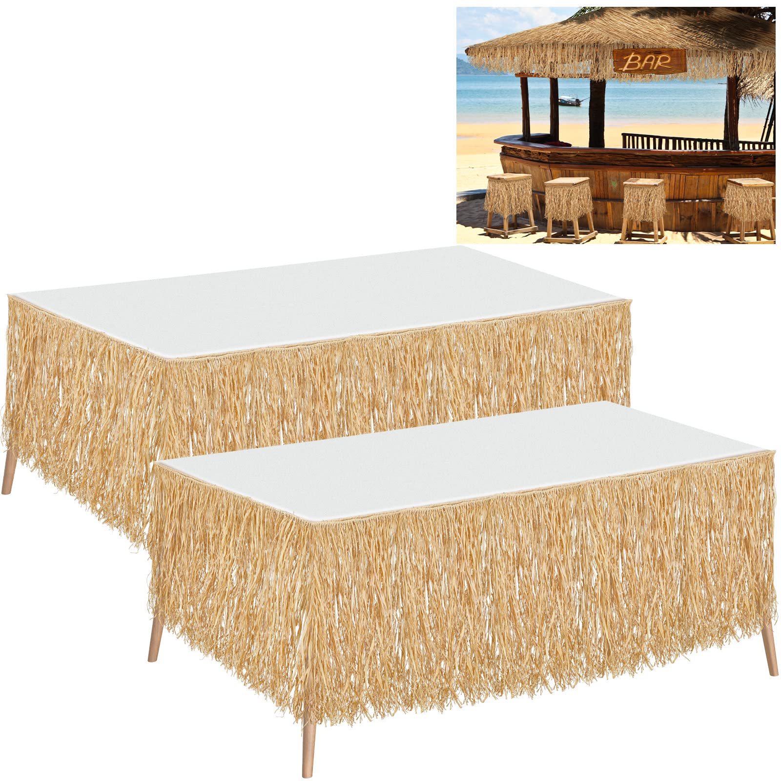 Photo 1 of Tatuo 2 Pack Natural Raffia Table Skirt Luau Hawaiian Skirt Table Grass Beach Fringe Decoration for Tropical Birthday Party Tiki Bar, Chair, Deck, Luau Tropical Hawaiian Party (108 x 12 Inch)
