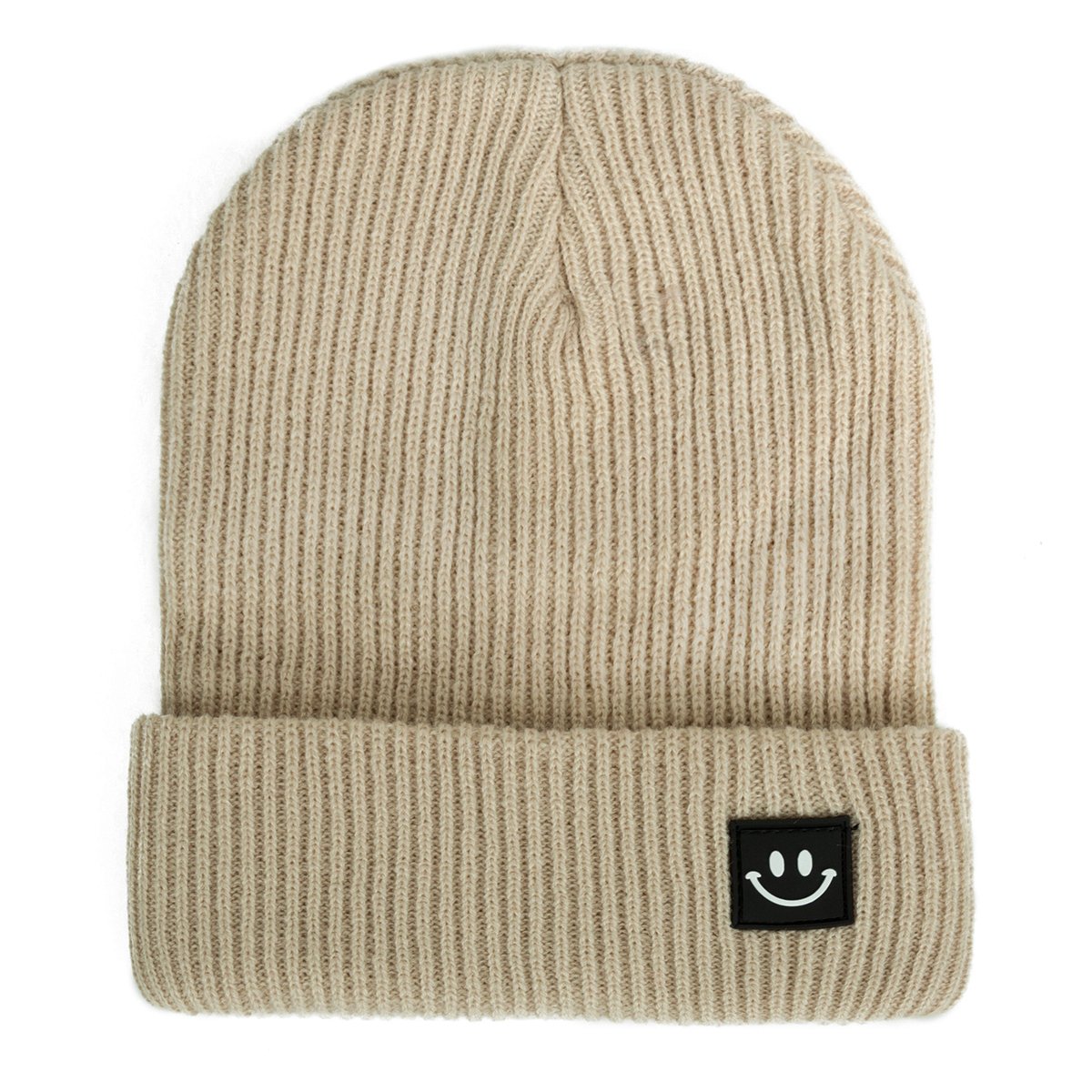 EVRFELAN Women Winter Hat Cuffed Plain Knit Beanie Cap Casual Knitted Warm Skullcap with Smile Face (Beige)