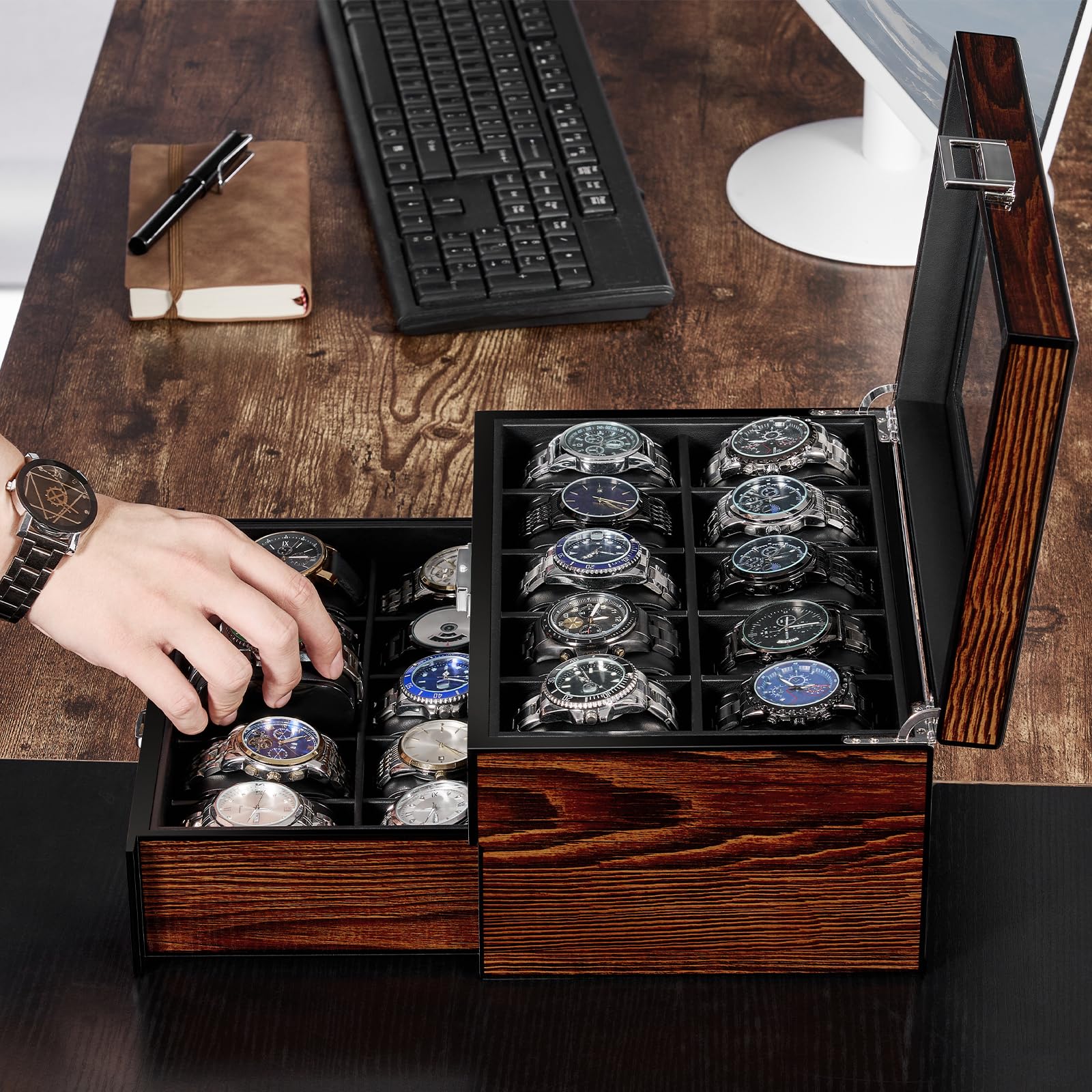BEWISHOME BEWISHOME High-End Watch Box, 20-Slot Watch Case with Large Glass Lid, Wooden Watch Cases for Men, Watch Storage, Watch Organizer, Synthetic Leather Interior, Brown SSH04Y