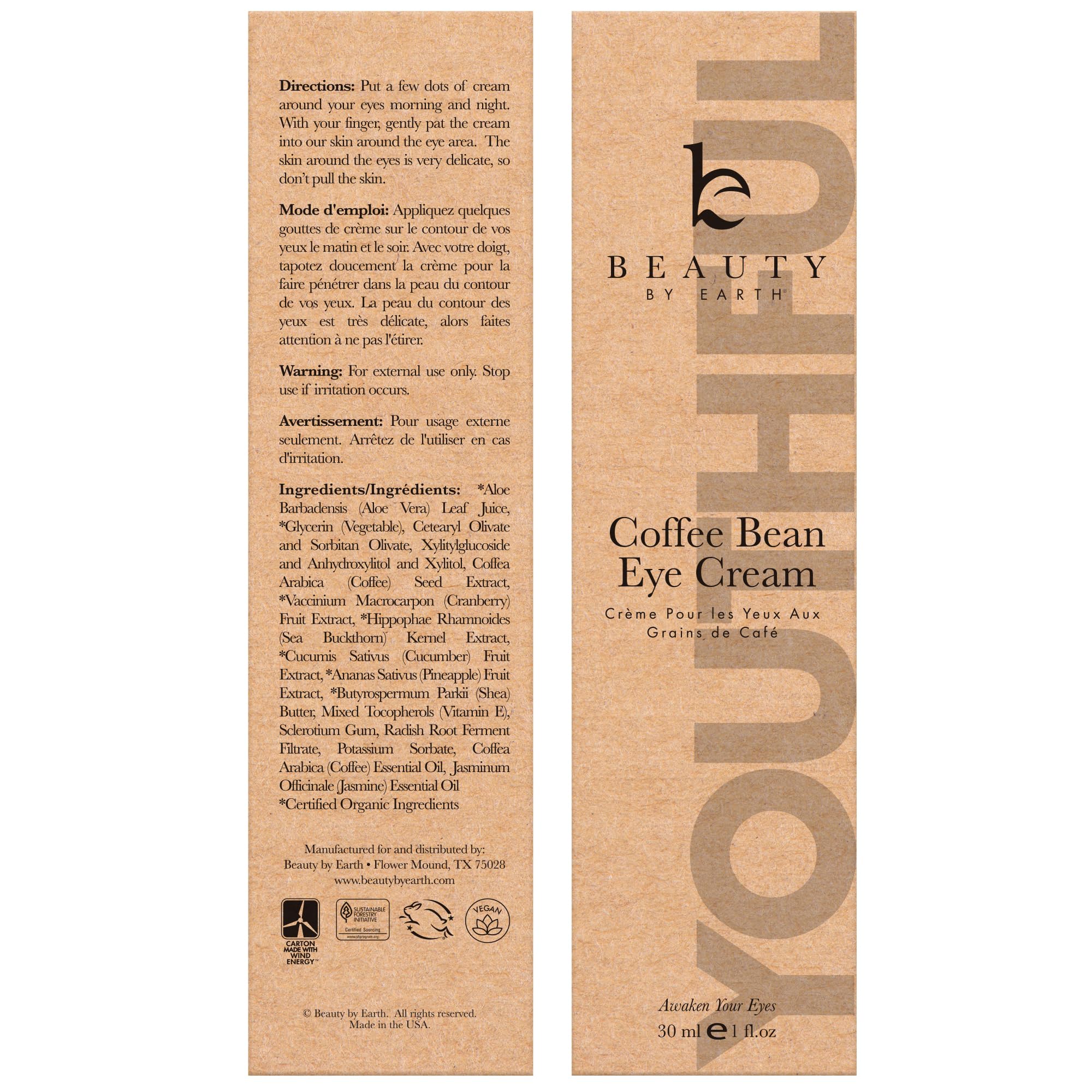 Beauty by Earth Caffeine Eye Cream for Puffiness & Bags Under Eyes - USA Made with Natural & Organic Ingredients, Under Eye Cream for Dark Circles with Glycerin & Vitamin E, Brightens & Refreshes