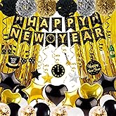 Joy Bang 78PCS Happy New Years Decorations 2026, New Years Eve Party Supplies 2026 - Banner Balloons Hanging Swirls Curtains, Black and Gold Party Decorations for Wall Home Office Classroom Indoor