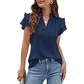 Blooming Jelly Womens Dressy Casual Tops Ruffle Short Sleeve V Neck Shirts Elegant Business Work Blouse