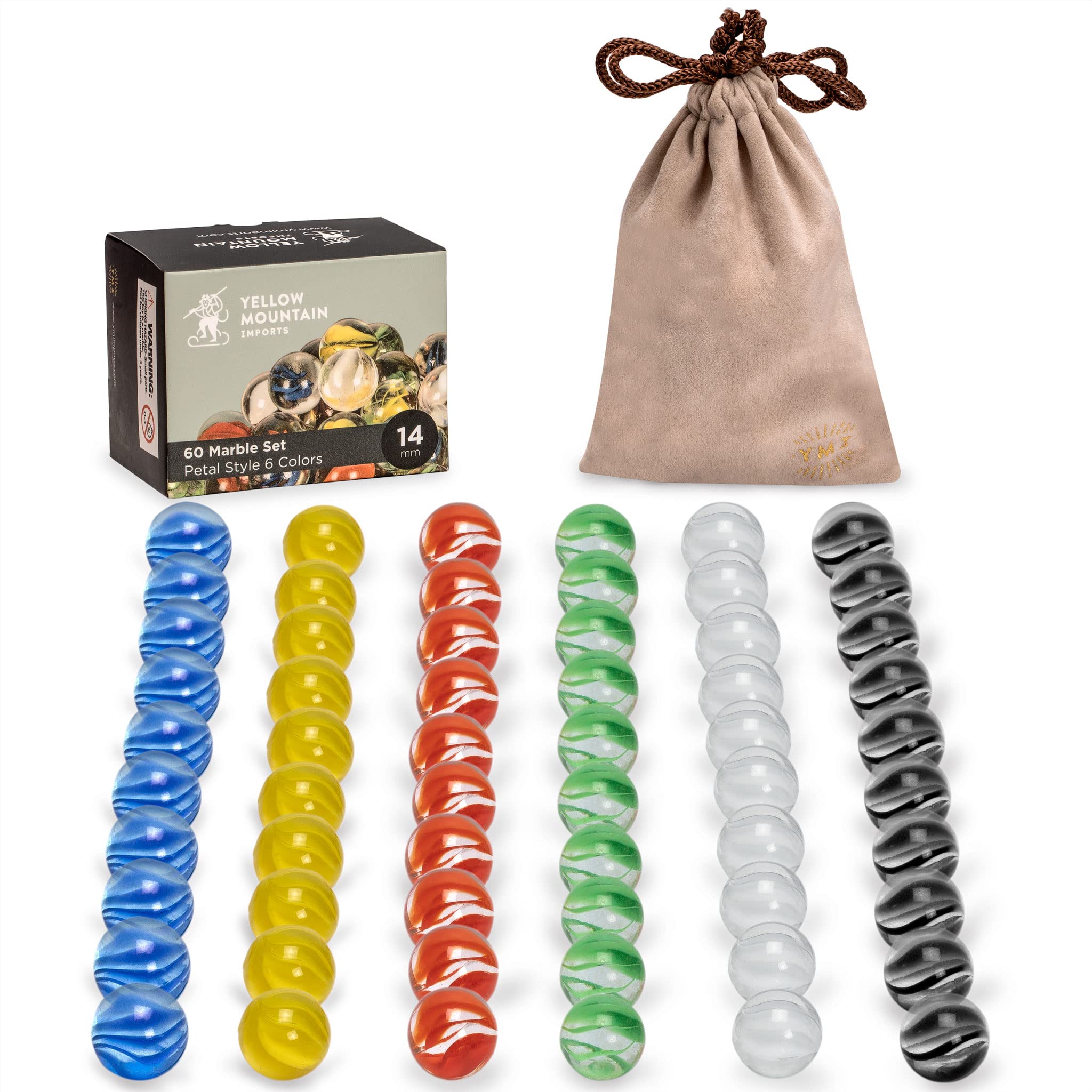 Yellow Mountain Imports 60 Pieces Translucent Chinese Checkers Glass Marbles with Petal Design - 14 Millimeters