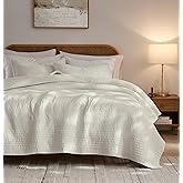 palassio Striped Beige 100% Cotton Quilt Queen Size Bedding Sets, Lightweight Crinkly Channel Pick Stitch Textured Bedspread Soft Shabby Chic Farmhouse Country Coverlet for All Season, 2 Shams