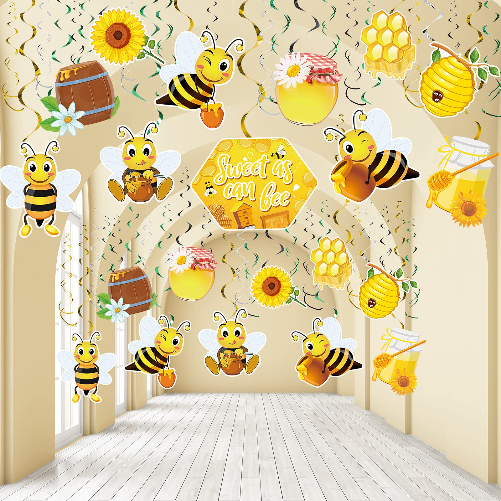 30 Pieces Bee Hanging Swirl Decorations, Yellow Black Sweet as Can Honey Bee Birthday Party Foil Ceiling for Bee Birthday Party Gender Reveal Party Baby Shower Supplies