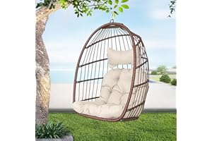 BULEXYARD Hanging Egg Chair Without Stand 350lbs Capacity, Brown Wicker Swing Egg Chair with Beige Cushion for Indoor/Outdoor Patio Porch Balcony, Foldable Hammock & Tree/Ceiling/Beam Mount