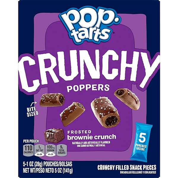 POP-TARTS CRUNCHY POPPERS CRUNCHY FILLED SNACK PIECES, KIDS SNACKS, ON-THE-GO, FROSTED BROWNIE CRUNCH, 5OZ BOX (5 POUCHES)