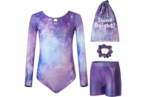 Tstiti Gymnastics Leotards for Girls Long Sleeve Kids Tumbling Gymnastic Outfit Clothes with Shorts Storage Bag