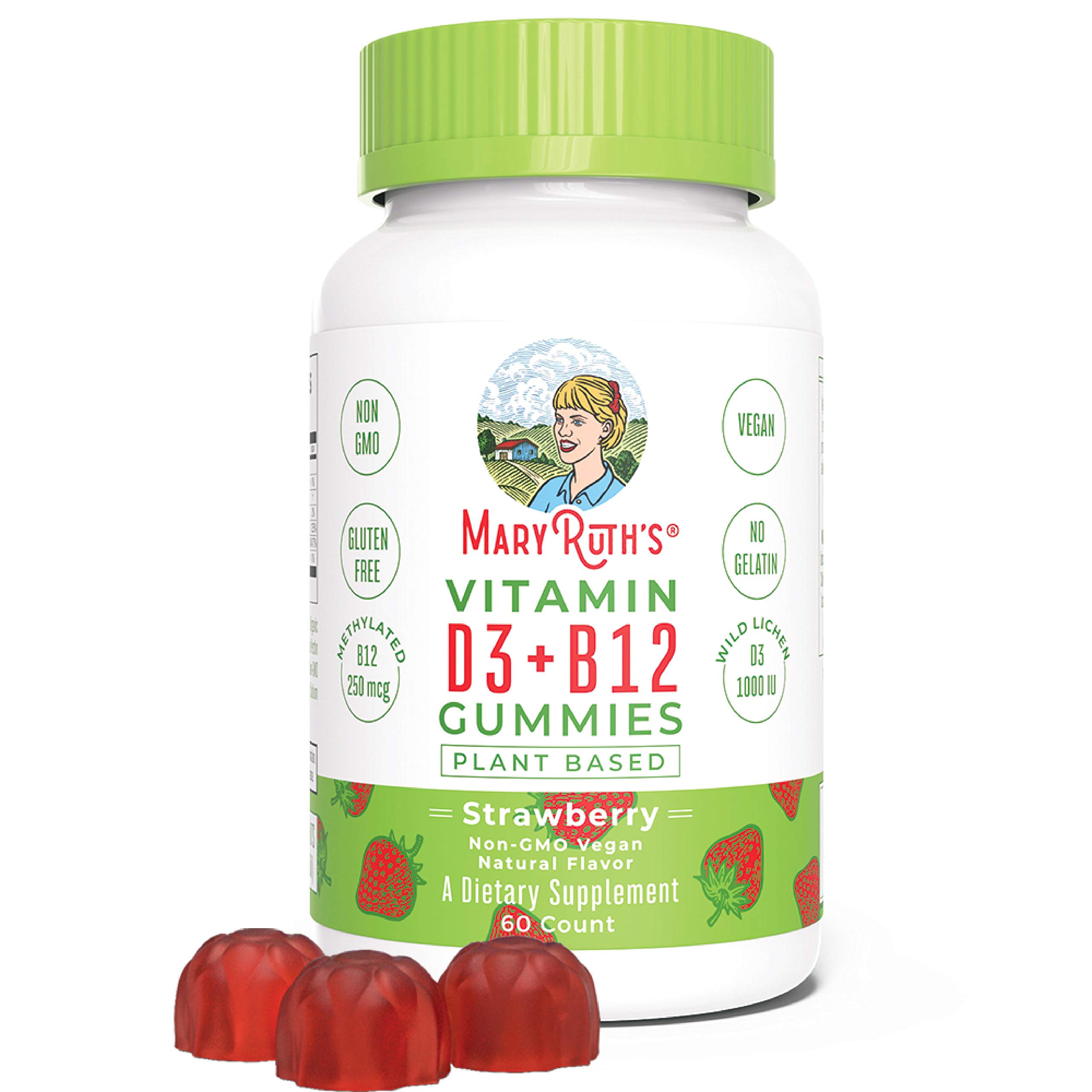 Vegan Vitamin D3+B12 Gummy (Plant-Based Gummies) by MaryRuth\'s - Made w/Organic Ingredients Non-GMO Vegan Paleo Gluten Free for Men, Women & Kids 1000 IU Vitamin D3 & 250 mcg Vitamin B12 60 Count