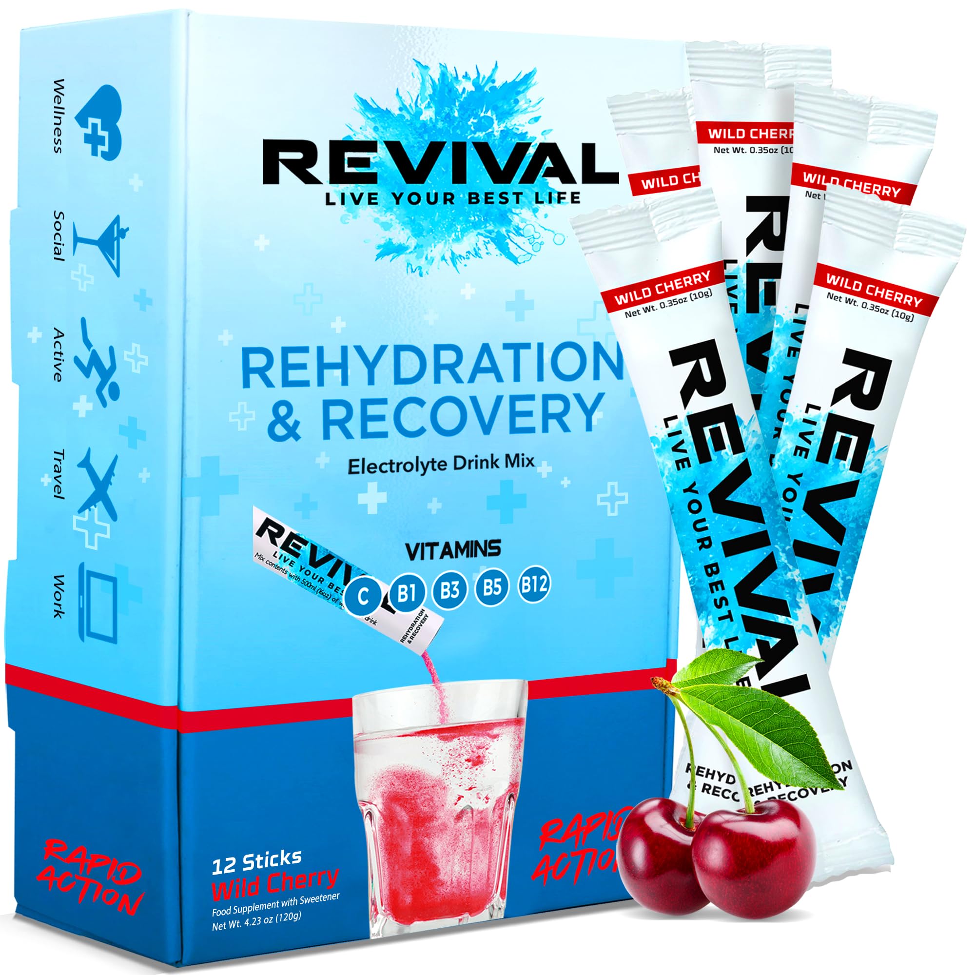 Revival Rapid Rehydration, Electrolytes Powder - High Strength Vitamin C, B1, B3, B5, B12 Supplement Sachet Drink, Effervescent Electrolyte Hydration Tablets - 12 Pack Cherry