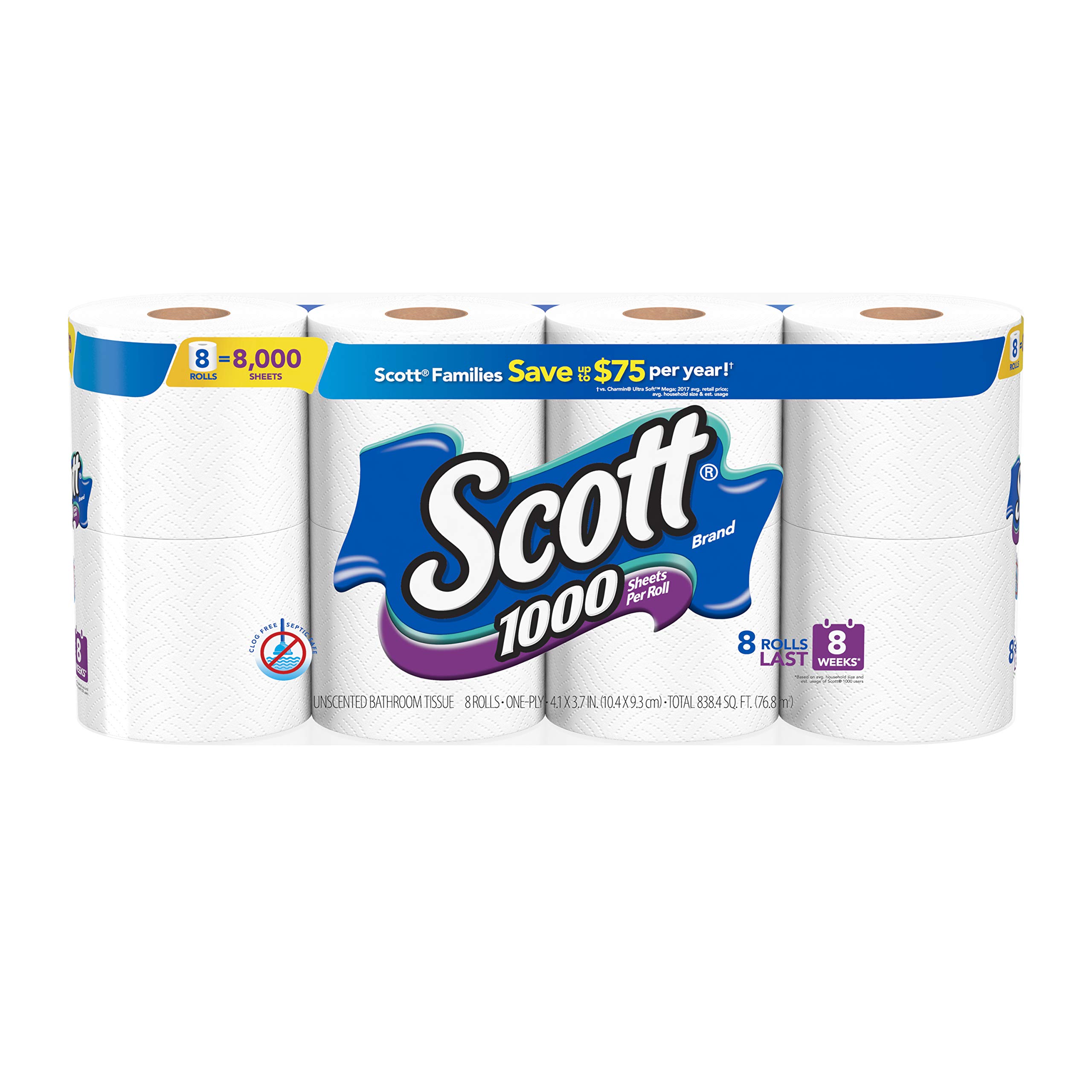 Scott 1000 Sheets Per Roll Toilet Paper, Bath Tissue, 8 Rolls = 8,000