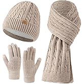 Womens Winter Knit Warm Hat Beanie Long Scarf Touch Screen Gloves Set for Cold Weather, 3 in 1 Warm Gift Set
