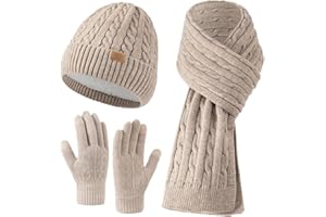 Clothirily Womens Winter Knit Warm Hat Beanie Long Scarf Touch Screen Gloves Set for Cold Weather, 3 in 1 Warm Gift Set