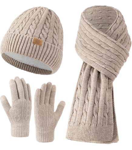 Wool Blend Knit Beanie & Gloves Set with Fleece Lining Touchscreen Gloves Bocaoying Womens Winter Beanie Scarf Gloves Set, Pom Pom Hat  main image 3