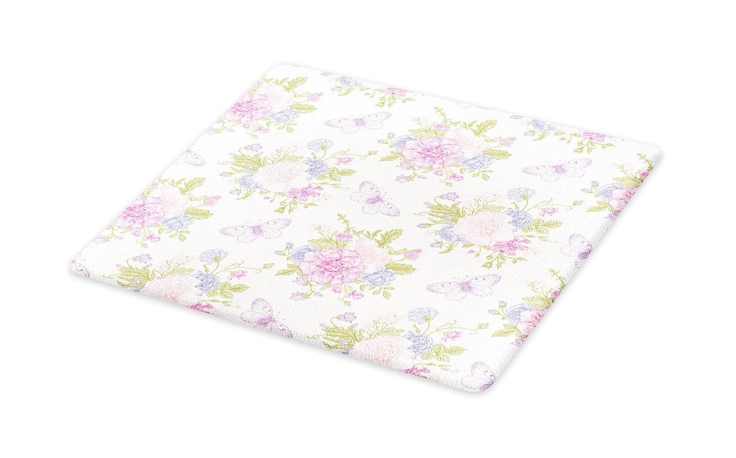 Lunarable Shabby Flora Cutting Board, Flowers Floral Design with Buds and Butterflies Ivy Swirl Art, Decorative Tempered Glass Cutting and Serving Board, Large Size, Pale Pink Peach and Purple