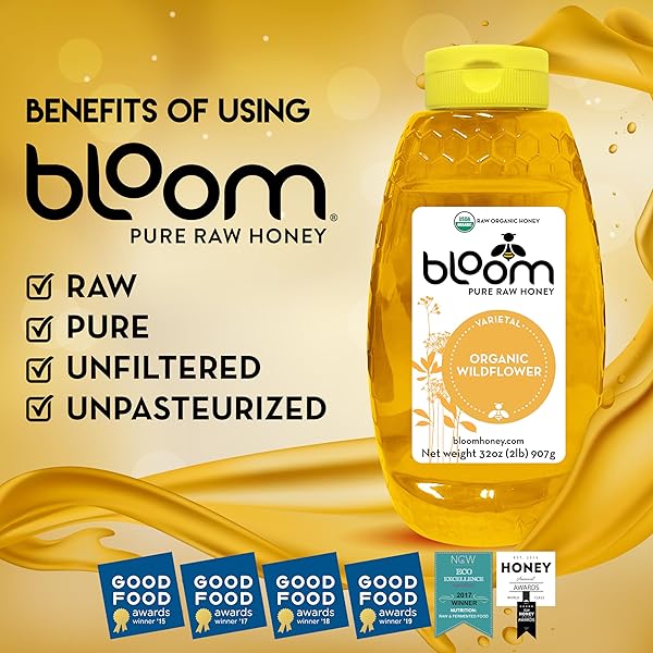 BLOOM HONEY 100% PURE ORGANIC RAW UNFILTERED AND UNPASTEURIZED RAW HONEY (WILDFLOWER, 32OZ)