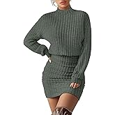 Velvelhall Women's Pullover Sweater Dress Long Lantern Sleeve Ribbed Knit Mock Neck Ruched Bodycon Casual Mini Dress 2025