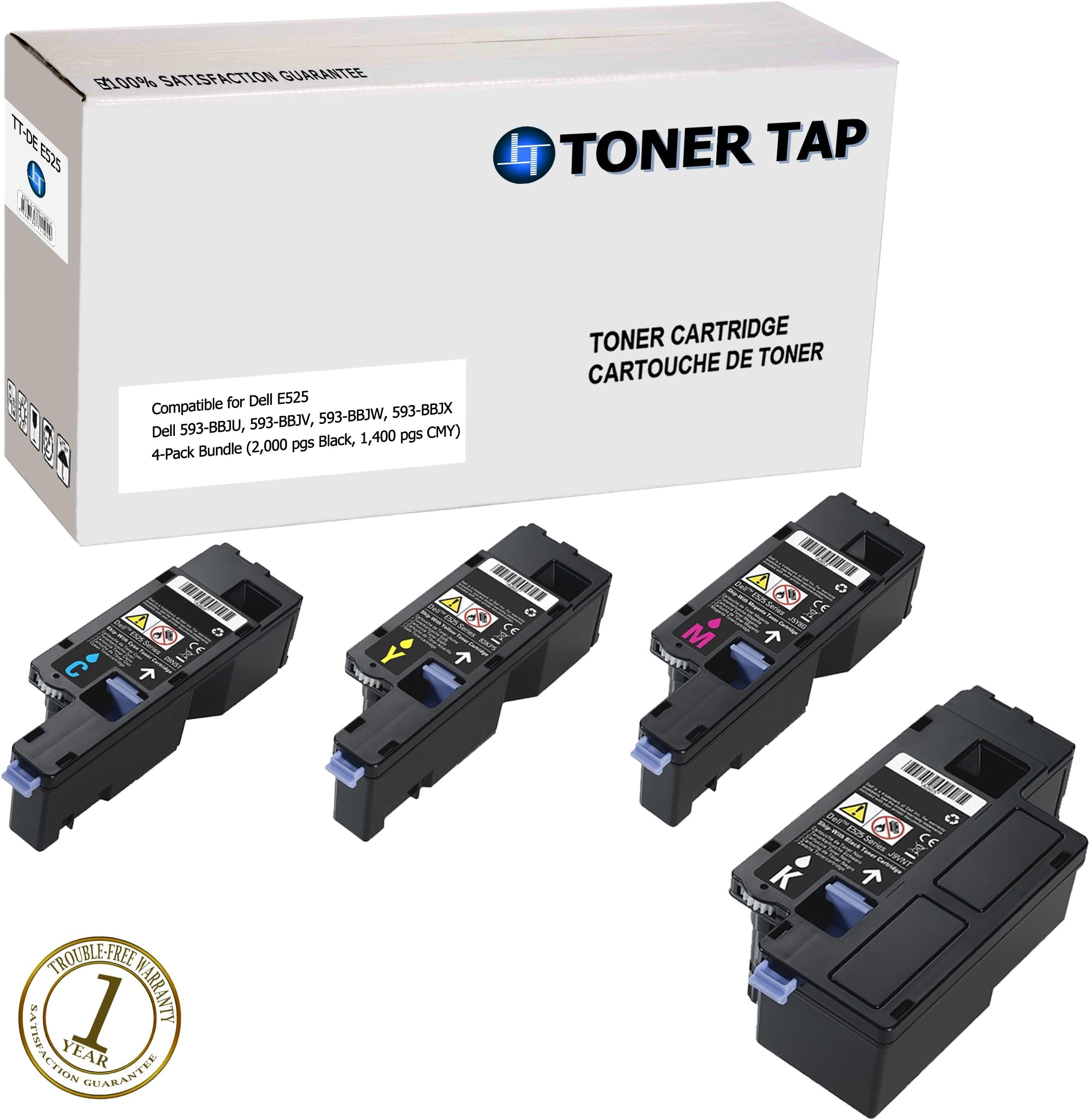 Tap Compatible DE525 Toner for Dell E525W Replacement for 593-BBJX 593-BBJU 593-BBJV 593-BBJW H3M8P H5WFX WN8M9 MWR7R DPV4T VR3NV G20VW 3581G (High Yield, 4-Pack Bundle)
