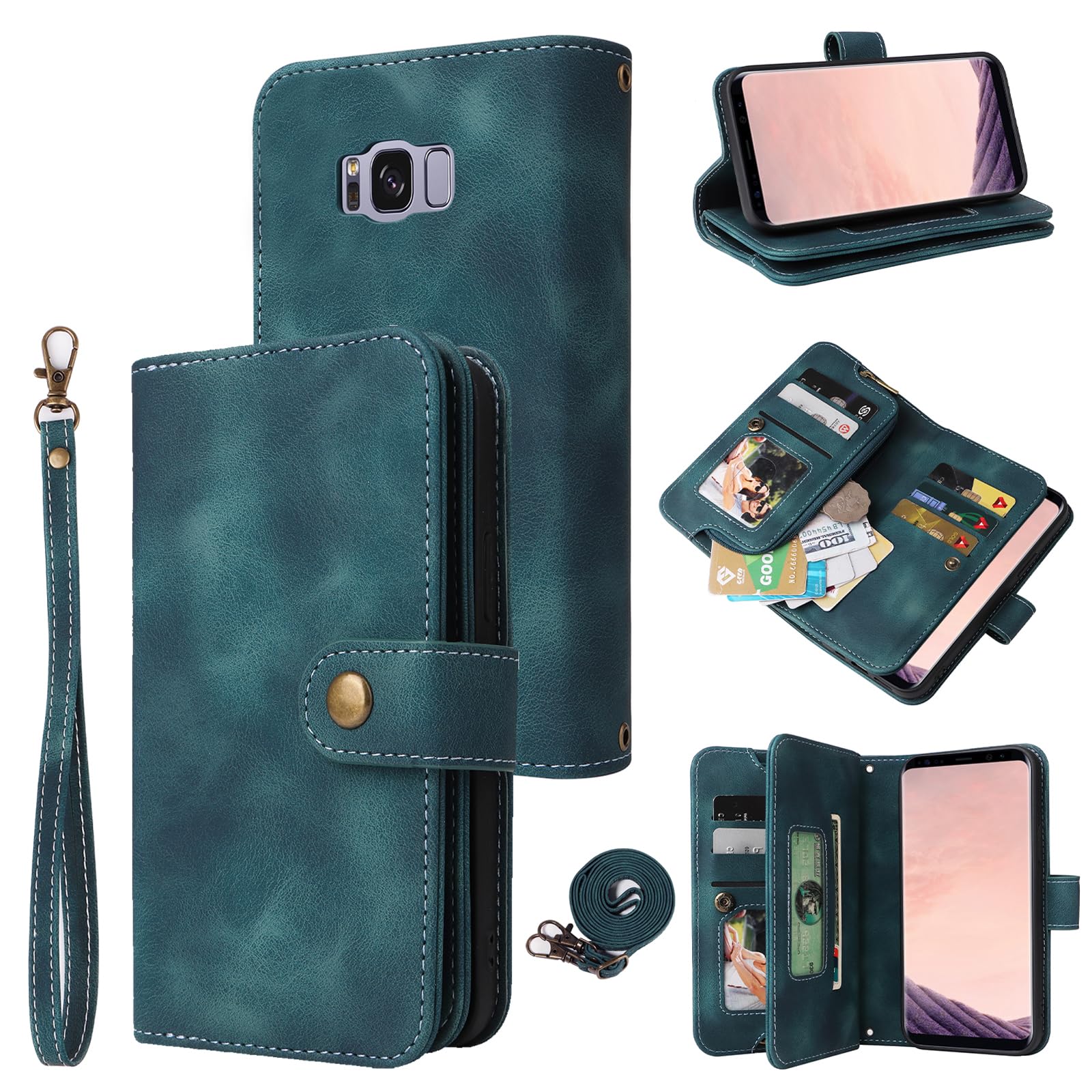 Photo 1 of Dibosom Wallet Case for Samsung Galaxy S8 Plus with Wrist Strap Shoulder Strap,Zipper Pocket Multi Card Slot Wallet Cover,PU Leather Seismic Protection S8plus S 8 8plus 8S Edge S8+ SM-G955U Blue
