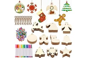 3 otters 100PCS Wooden Christmas Ornaments Set, Christmas Crafts for Kids Adults, with Pre-drilled Hole and Ropes, 100 Bells and 12 Colored Pens, Unfinished Wood Crafts for DIY Xmas Tree Decorations