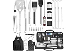 Kaluns Grilling Accessories, Dad Gifts for Christmas Grilling Gifts, Heavy Duty Stainless Steel Grill Set BBQ Grill Accessories for Outdoor Grill with Meat Thermometer, Case and Apron