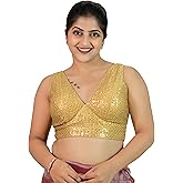 FIGURE'S DESIGNER Women's Sequin Embroidered Premium Net Fabric Sleeveless V Neck Sabyasachi Cut Readymade Saree Blouse E20